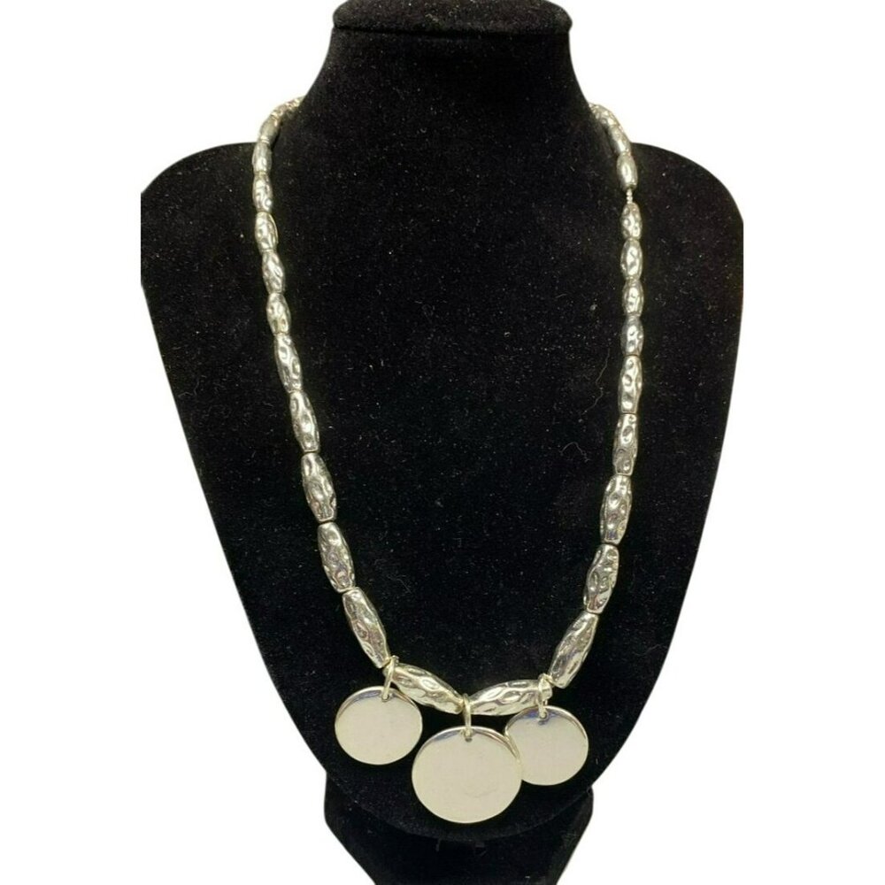 Heavy Silver Tone Oval Bead Necklace With Circular Pendants & Adjustable Chain